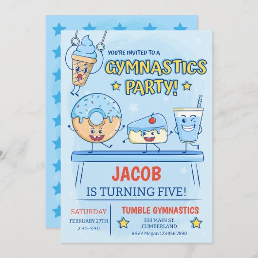 Gymnastics Birthday Invitation Boy Kaart (Voorkant / Achterkant)