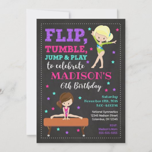 Gymnastics Birthday Invitation / Girl / Chalkboard Kaart (Voorkant)