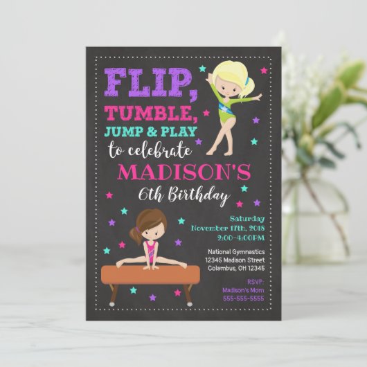 Gymnastics Birthday Invitation / Girl / Chalkboard Kaart (Staand voorkant)