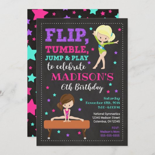 Gymnastics Birthday Invitation / Girl / Chalkboard Kaart (Voorkant / Achterkant)