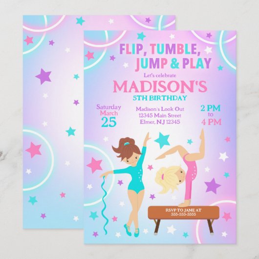 Gymnastics Birthday Invitation Gymnastics Party Kaart (Voorkant / Achterkant)