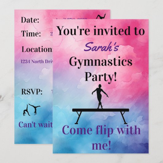 Gymnastics Birthday Invitation | Gymnastiekpartij (Voorkant / Achterkant)