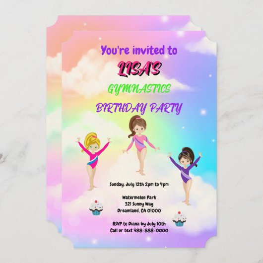 Gymnastics Birthday Invitation | Gymnastiekpartij Kaart (Voorkant / Achterkant)