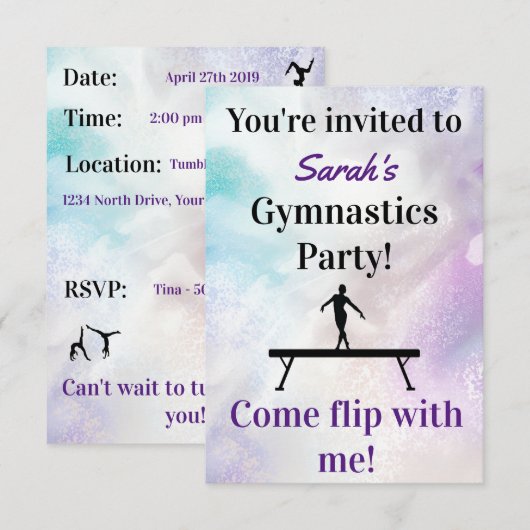 Gymnastics Birthday Invitation | Gymnastiekpartij Kaart (Voorkant / Achterkant)