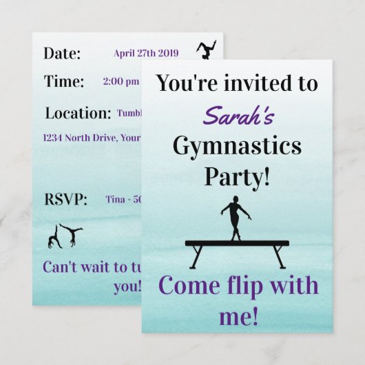 Gymnastics Birthday Invitation | Gymnastiekpartij Kaart (Voorkant / Achterkant)
