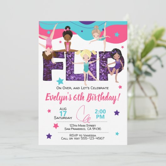 Gymnastics Birthday Invitation, Jump Invitation Kaart (Staand voorkant)