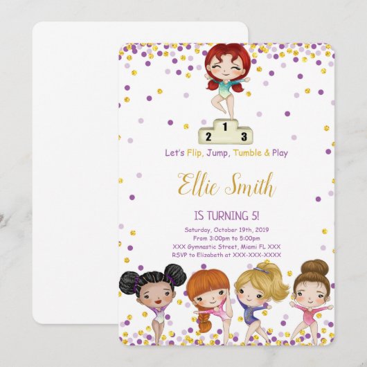 Gymnastics Birthday Invitation Kaart (Voorkant / Achterkant)