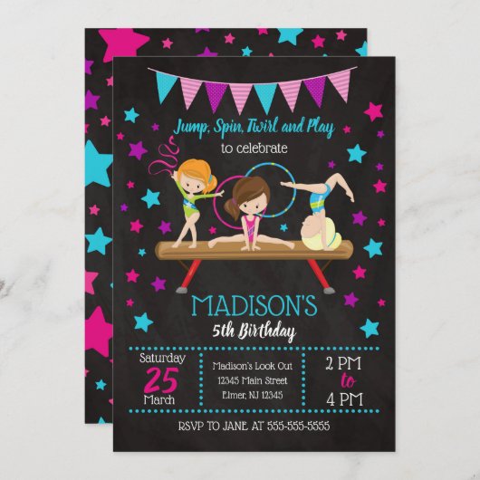 Gymnastics Birthday Invitation Kaart (Voorkant / Achterkant)