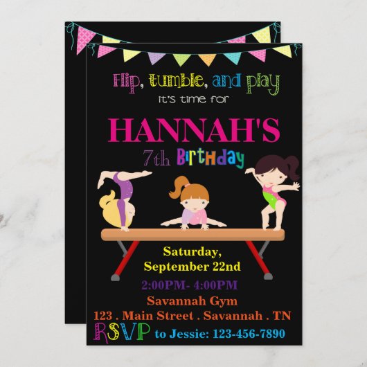 Gymnastics Birthday Invitation Kaart (Voorkant / Achterkant)