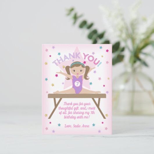 Gymnastics Birthday Party Brown Hair Dank u Bedankkaart (Staand voorkant)