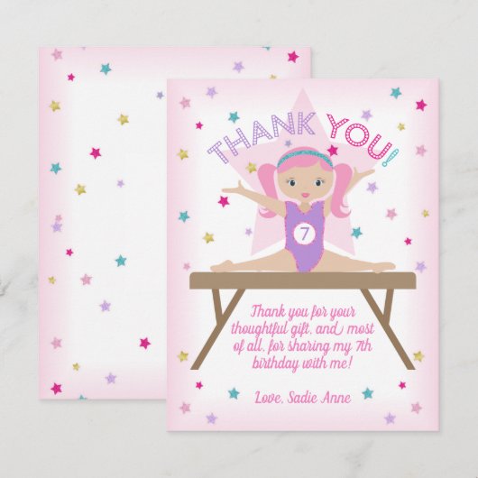 Gymnastics Birthday Party Cute Gymnast Dank u Bedankkaart (Voorkant / Achterkant)