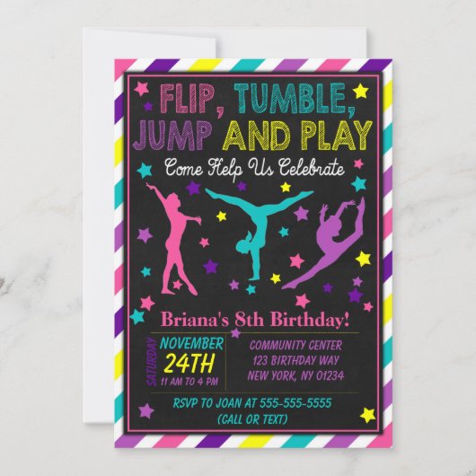 Gymnastics Birthday Party Invitation for a Girl Kaart (Voorkant)