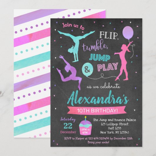 Gymnastics Birthday Party Invitation for Girl Kaart (Voorkant / Achterkant)