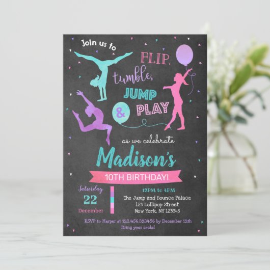 Gymnastics Birthday Party Invitation for Girl Kaart (Staand voorkant)