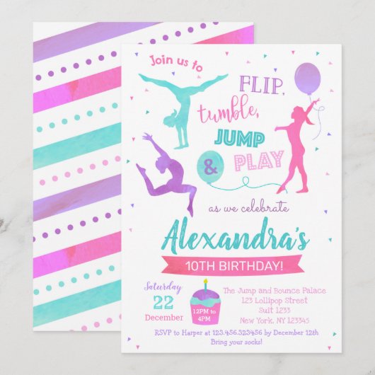 Gymnastics Birthday Party Invitation for Girl Kaart (Voorkant / Achterkant)
