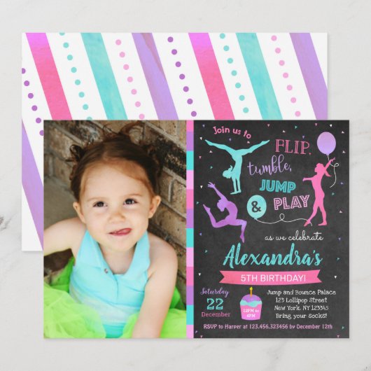 Gymnastics Birthday Party Invitation for Girl Kaart (Voorkant / Achterkant)