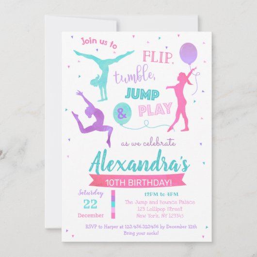 Gymnastics Birthday Party Invitation for Girl Kaart (Voorkant)