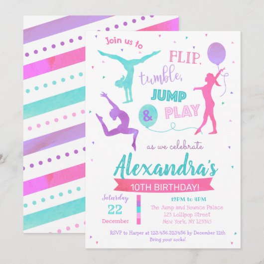 Gymnastics Birthday Party Invitation for Girl Kaart (Voorkant / Achterkant)