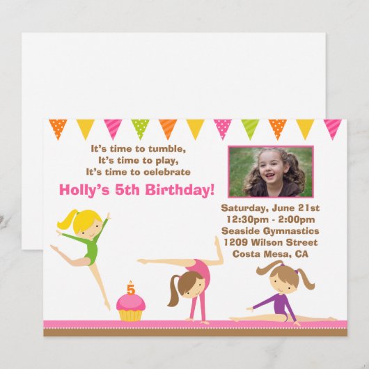Gymnastics Birthday Party Invitation Kaart (Voorkant / Achterkant)