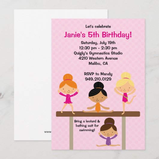 Gymnastics Birthday Party Invitation Kaart (Voorkant / Achterkant)