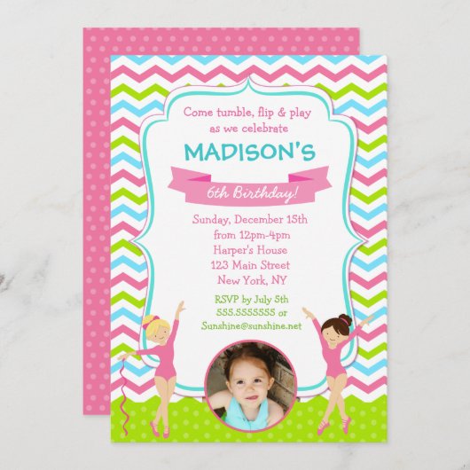 Gymnastics Birthday Party Invitations Kaart (Voorkant / Achterkant)