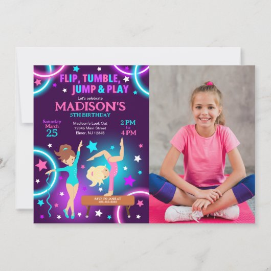 Gymnastics Birthday Photo Invitation Neon Party Kaart (Voorkant)