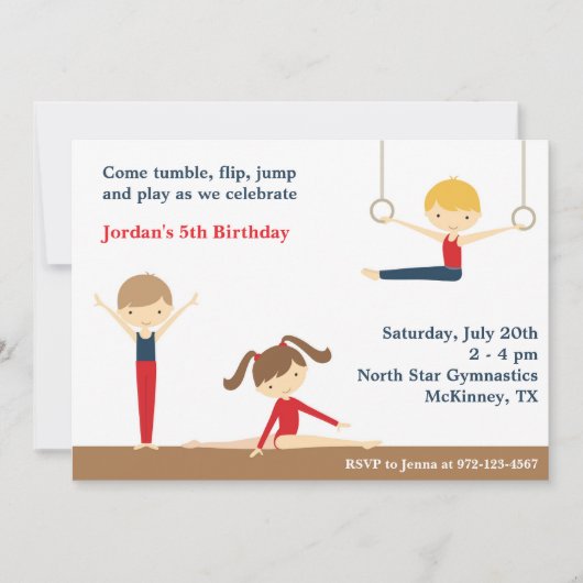 Gymnastics Boy and Girl Birthday Party Invitation Kaart (Voorkant)