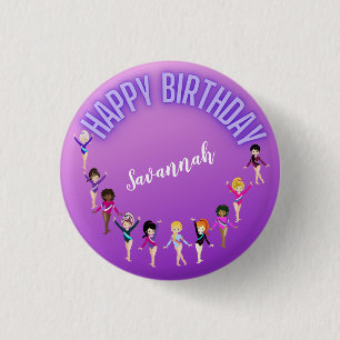 Gymnastics Friends "Happy Birthday" Paarse Ombre Ronde Button 3,2 Cm