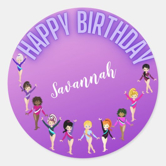Gymnastics Friends "Happy Birthday" Paarse Ombre Ronde Sticker (Voorkant)
