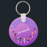 Gymnastics Friends "Happy Birthday" Paarse Ombre Sleutelhanger<br><div class="desc">Gymnastiek Friends "Happy Birthday" Paarse Ombre Party design,  gepersonaliseerd met de naam van je gymnast!</div>