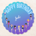 Gymnastics Friends "Happy Birthday" Turquoise Kartonnen Onderzetters<br><div class="desc">Gymnastiek Vrienden "Happy Birthday" Turquoise en Paarse gradiëntparty design gepersonaliseerd met de naam van je gymnast!</div>