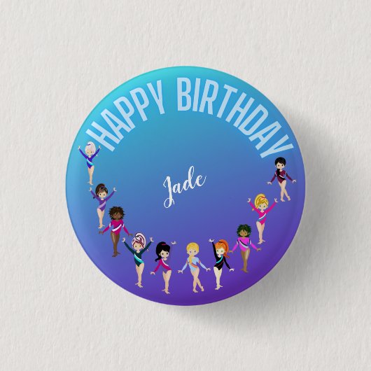 Gymnastics Friends "Happy Birthday" Turquoise Ronde Button 3,2 Cm (Voorkant)
