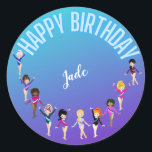 Gymnastics Friends "Happy Birthday" Turquoise Ronde Sticker<br><div class="desc">Gymnastiek Vrienden "Happy Birthday" Turquoise en Paarse gradiëntparty design gepersonaliseerd met de naam van je gymnast!</div>