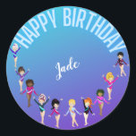 Gymnastics Friends "Happy Birthday" Turquoise Ronde Sticker<br><div class="desc">Gymnastiek Vrienden "Happy Birthday" Turquoise en Paarse gradiëntparty design gepersonaliseerd met de naam van je gymnast!</div>