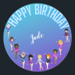 Gymnastics Friends "Happy Birthday" Turquoise Ronde Sticker<br><div class="desc">Gymnastiek Vrienden "Happy Birthday" Turquoise en Paarse gradiëntparty design gepersonaliseerd met de naam van je gymnast!</div>