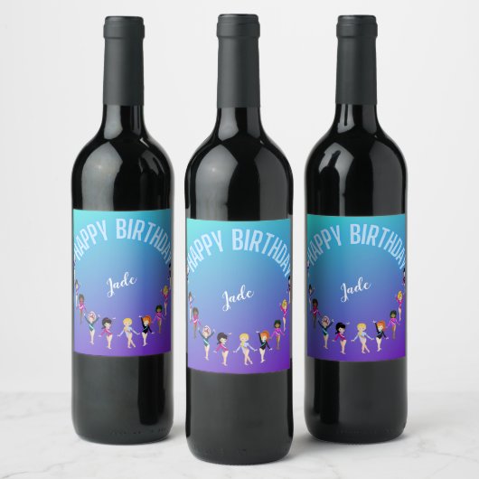 Gymnastics Friends "Happy Birthday" Turquoise Wijn Etiket (Flessen)