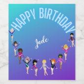 Gymnastics Friends "Happy Birthday" Turquoise Wijn Etiket (Enkel label)