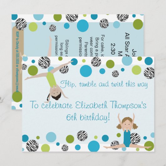 Gymnastics Party Invitation Black, Aqua en Green Kaart (Voorkant / Achterkant)