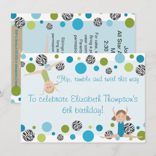 Gymnastics Party Invitation Black, Aqua en Green Kaart (Voorkant / Achterkant)