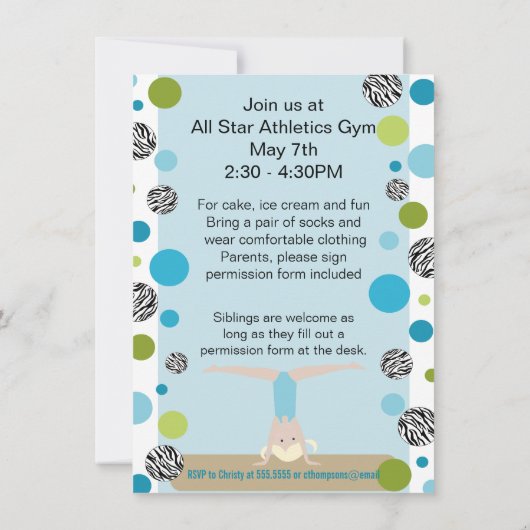 Gymnastics Party Invitation Black, Aqua en Green Kaart (Achterkant)