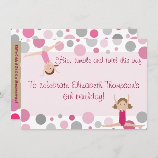Gymnastics Party Invitation Pink and Grey Kaart (Voorkant / Achterkant)