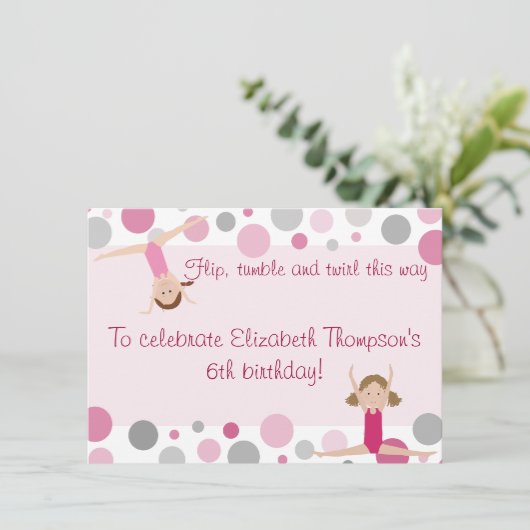 Gymnastics Party Invitation Pink and Grey Kaart (Staand voorkant)