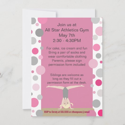 Gymnastics Party Invitation Pink and Grey Kaart (Achterkant)