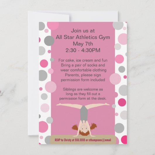 Gymnastics Party Invitation Pink and Grey Kaart (Achterkant)