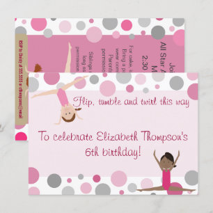 Gymnastics Party Invitation Pink and Grey Kaart