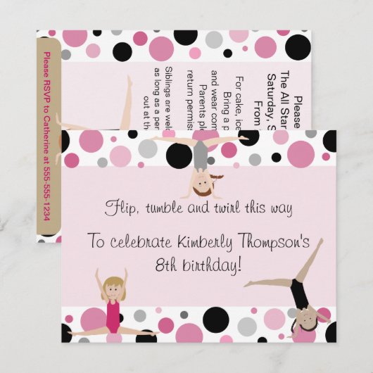 Gymnastics Party Invitation Pink, Grey & Black Kaart (Voorkant / Achterkant)