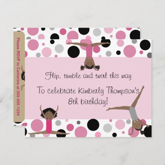Gymnastics Party Invitation Pink, Grey & Black Kaart (Voorkant / Achterkant)