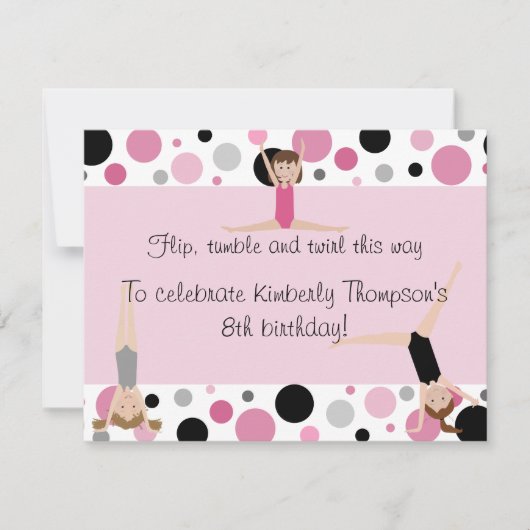 Gymnastics Party Invitation Pink, Grey & Black Kaart (Voorkant)
