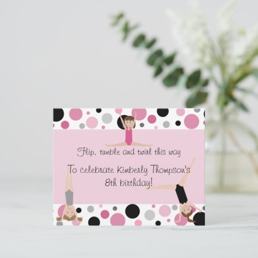 Gymnastics Party Invitation Pink, Grey & Black Kaart (Staand voorkant)