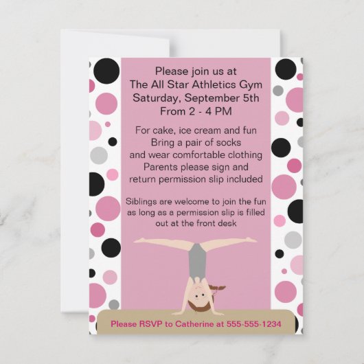 Gymnastics Party Invitation Pink, Grey & Black Kaart (Achterkant)
